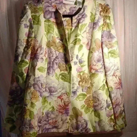 Women Alfred Dunner floral blazer jacket L chartreuse green Spring fall leisure - Picture 7 of 11